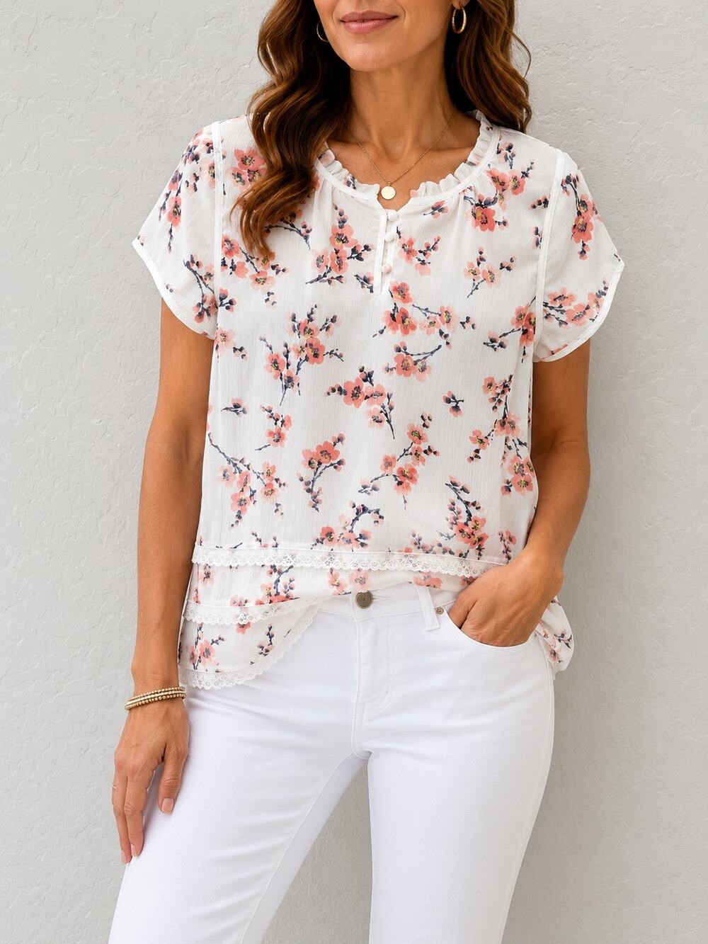 DOWNEAST White Floral Chiffon Blouse Ruffle Neck Lace Top Boho Cottagecore XS
